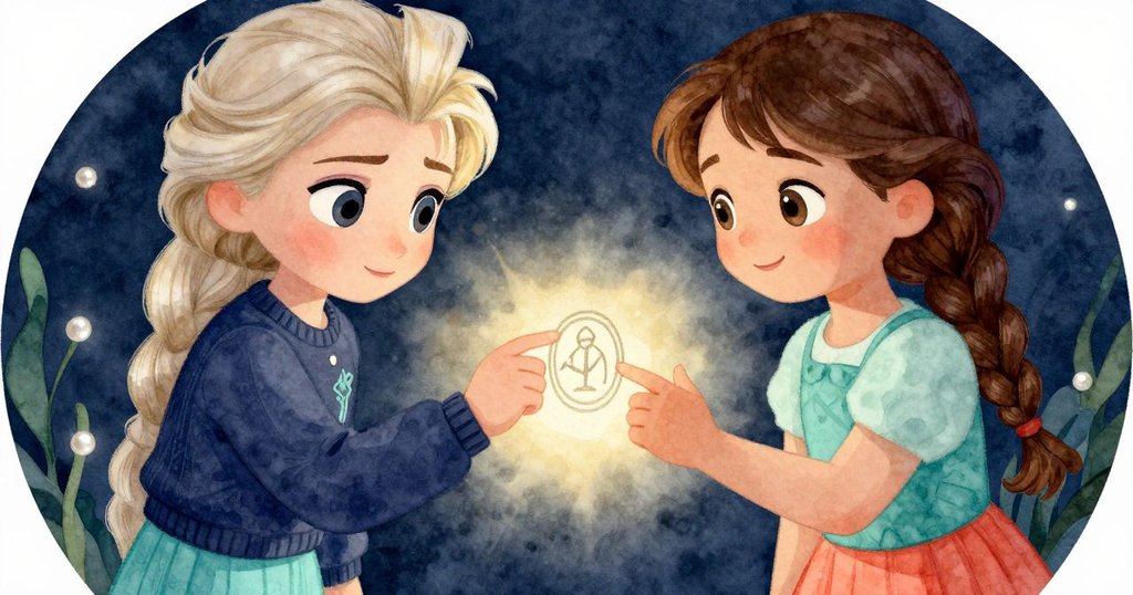 莉莉舉起展示清晰魔法印記的書頁，與旁邊帶有淡淡失敗痕跡的 Elsa 共享成功喜悅，氛圍溫暖感人