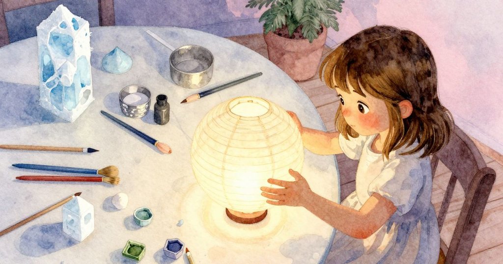 霍莉在黃昏工桌上調整燈籠,專注動作中,桌面散落著膠水與工具,溫暖光線環繞整個環境