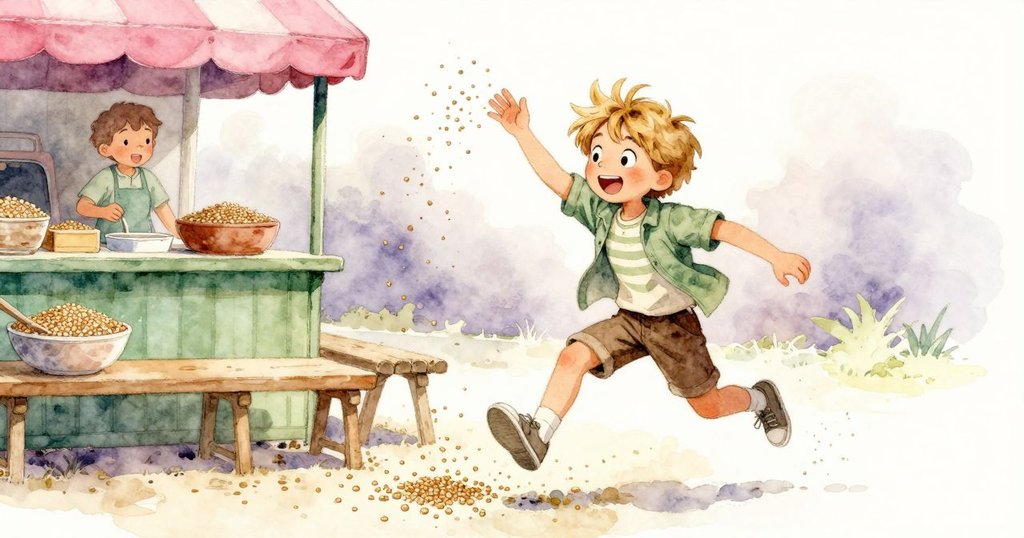 芬恩情急手舞,倒出溫暖藜麥灑滿地面,食攤旁煙霧彌漫,充滿活力與突發狀況