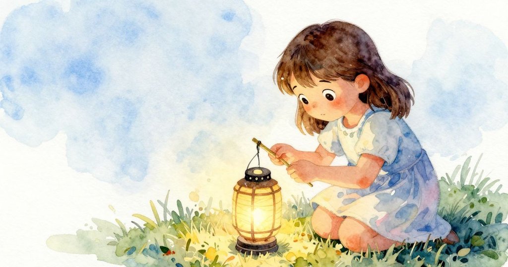 霍莉蹲在濕潤枯葉上,小心拿竹籤調整下垂燈籠面板,背景透出柔和LED光芒,神情專注