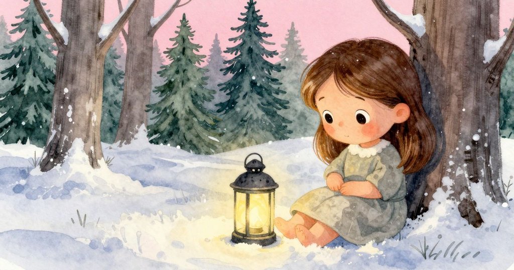 霍莉坐在靜謐樹林中,旁邊微偏的燈籠散發溫暖橙光,臉上流露滿足與安然,黃昏氛圍柔和