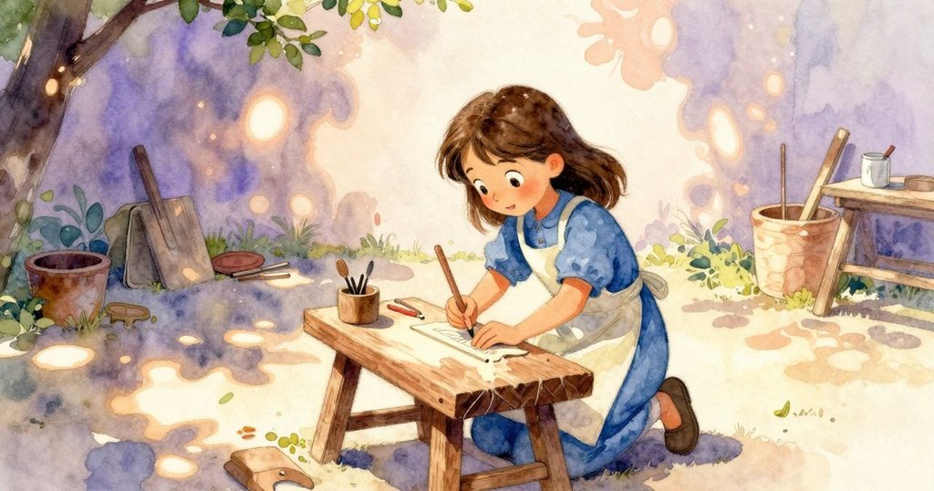 克拉拉回到戶外雕刻台進行創作，砂紙摩擦竹子，黑鳥在旁注視，場景充滿神秘與期待。