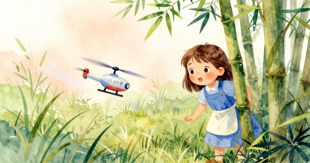 從竹叢縫隙窺視，克拉拉試飛玩具直升機，黑鳥跳躍追隨，場景神秘而生動。