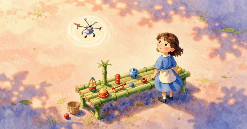 從高處俯瞰，克拉拉注視新平衡直升機盤旋，舊玩具整齊排列，場景充滿成就與延續感。