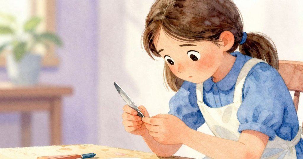 克拉拉跪下檢查直升機扭曲的葉片，神情專注且矛盾，手指輕觸細節，畫面溫柔內省。