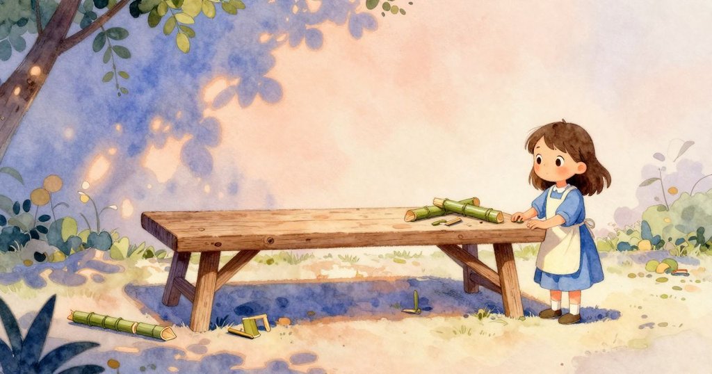 夕陽下，雕刻台與舊竹玩具呈現寧靜景象，直升機輕被微風吹動，克拉拉創作落幕，氛圍平和。