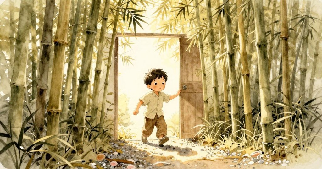 Cruz 穿過竹林大門，踏著碎石步道，陽光灑落於翠綠竹影中，臉上充滿冒險與期待的神情