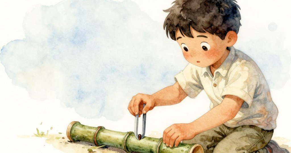 Cruz 用金屬音叉輕敲竹子，專注傾聽微弱音律，旁邊放著一支鉛筆，神情充滿好奇與期待