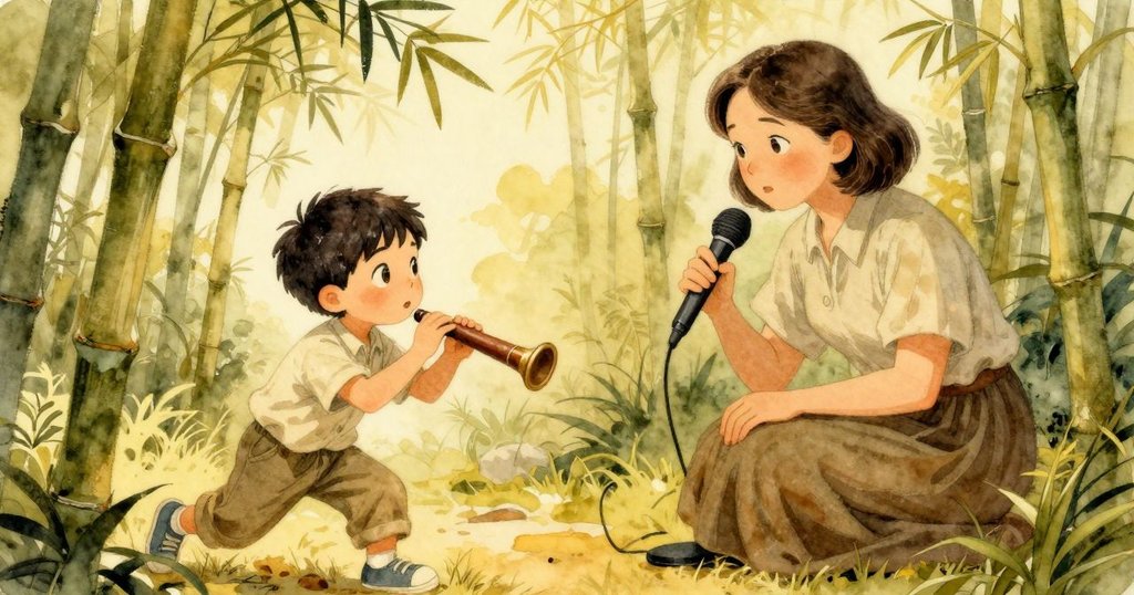 Lucia 在竹橋上調整麥克風，同時 Cruz 趕去抓住滑落的錄音裝置，兩人默契合作，充滿冒險精神