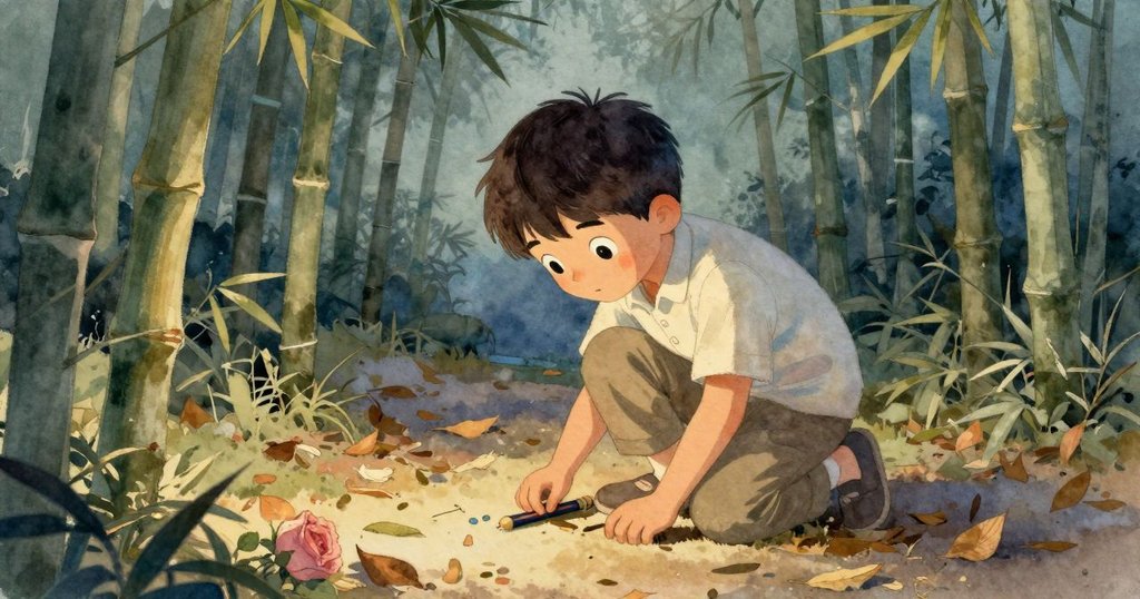 Cruz 膝伏在竹林落葉間，小心尋找丟失的鉛筆，光影柔和，展現春日轉瞬即逝之美，神態專注