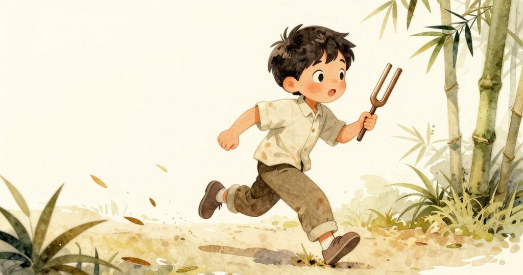 Cruz 在竹林狹道上奔跑，邊敲擊音叉邊記錄新音調，動作流暢充滿活力，展現探險熱情