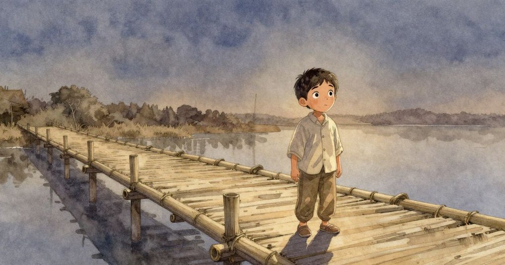 Cruz 靜立在竹橋旁，凝望延伸的陰影與孤單足跡，暮光中感受探險結束時的寧靜與深思