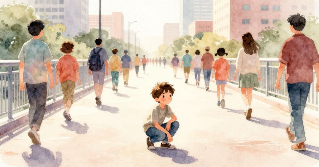 韋德蹲在陽光照耀下的階梯邊,仔細觀察灰塵漩渦,背景行人匆忙,展現城市繁忙與探索好奇心。