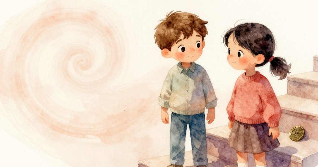 近距離展現階梯上灰塵漩渦與隱藏的銅代幣並置,韋德的手輕輕觸摸,充滿細膩與發現驚喜。