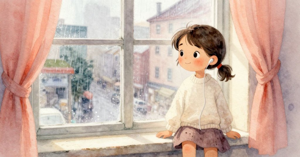 羅莎站於避雨候車室內,站在窗邊輕調耳機,透過玻璃望向雨中城市,表情溫柔而專注。