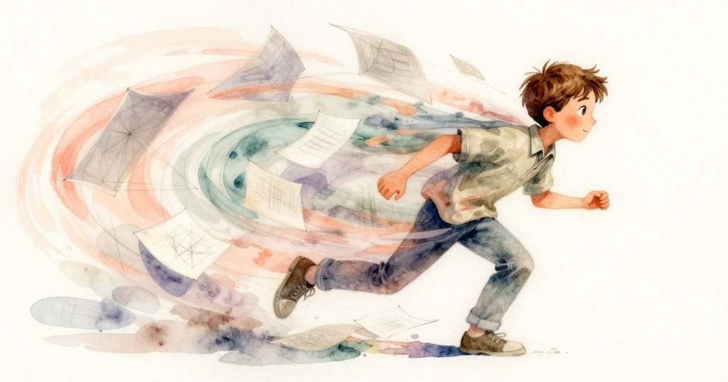 韋德的速畫本頁面在陣風中飛舞,形成奇妙幾何圖形,環境似夢似幻呈現藝術創意。