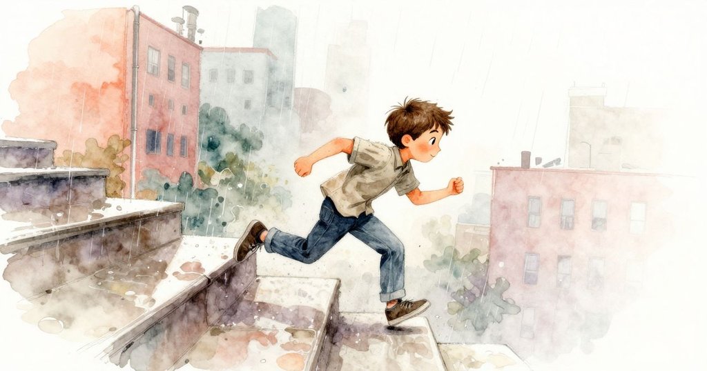 韋德在突如其來的雨中飛步下樓,手握速寫本,背景燈光閃爍,場景充滿緊迫追趕的氛圍。