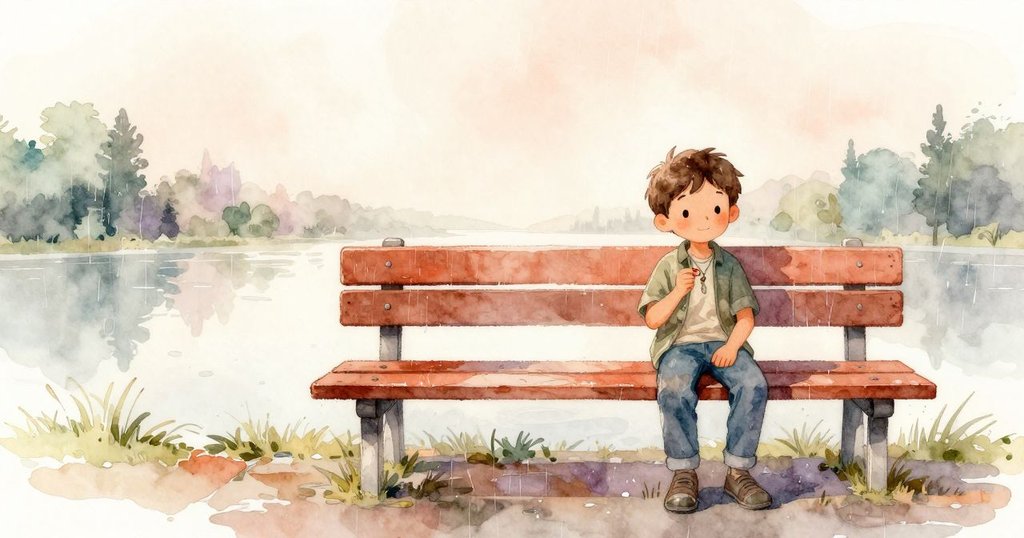 韋德回到濕潤的橋邊,坐在長椅上手握代幣,雨後靜謐環境中流露離別與寧靜情感。