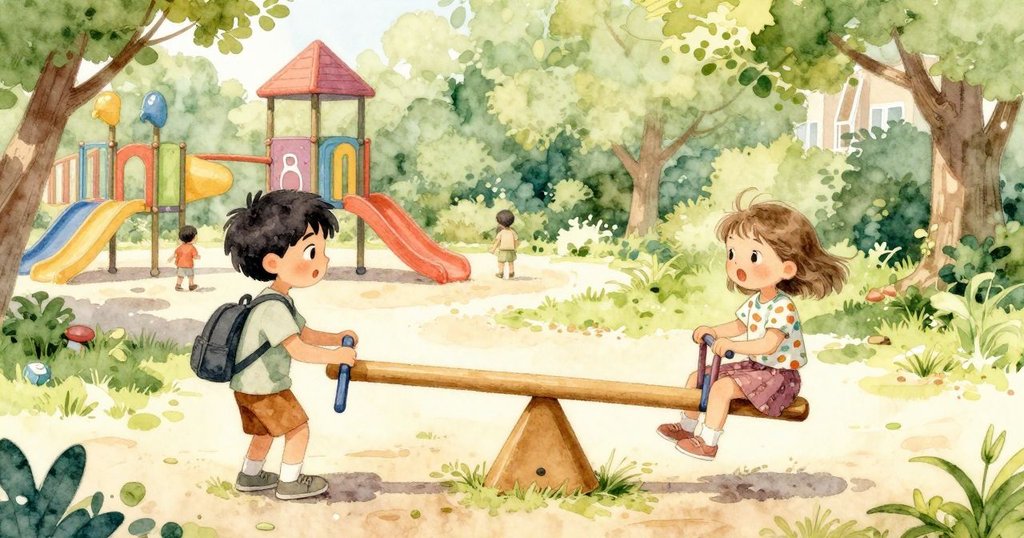 弗雷澤與奧利芙在操場上開始冒險，周圍有其他孩子陪伴，溫暖晨光照耀，充滿活力與期待