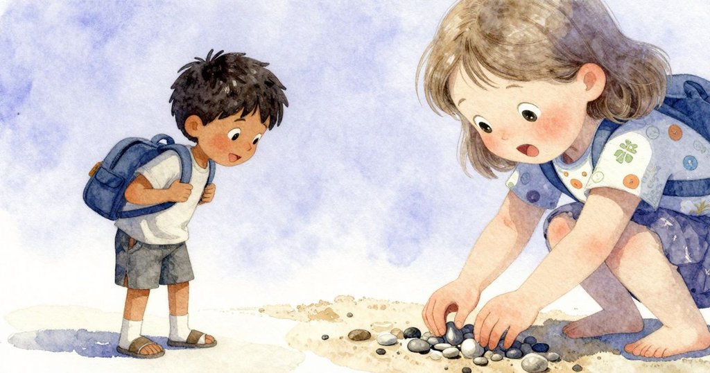 弗雷澤專注地用手撿起沙中小石子，細膩呈現石子與書包細節，充滿用心與策略