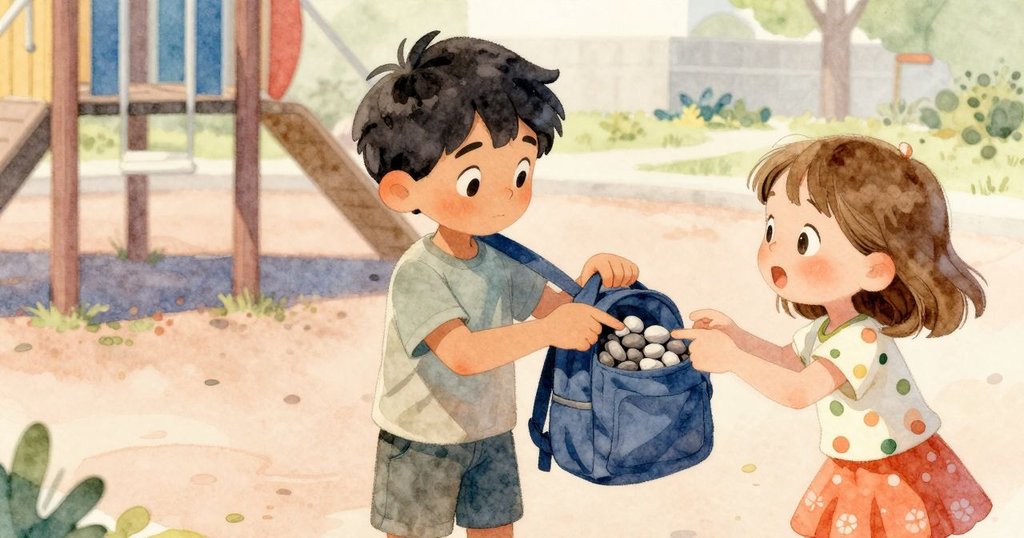 奧利芙從弗雷澤背後注視並指向書包與石子，表情專注充滿智慧，操場背景細膩呈現