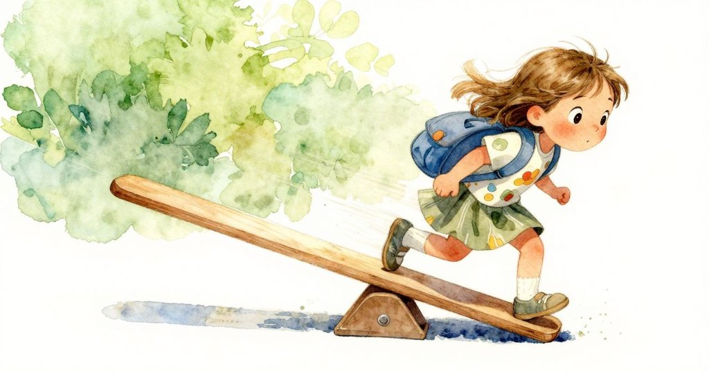 奧利芙迅速拉動書包在搖椅上移動，動感軌跡展示其靈活調整平衡，操場氣氛活力四射