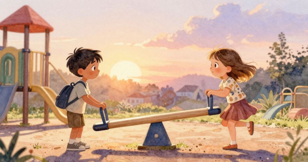 夕陽下操場上，弗雷澤與奧利芙在搖椅正中央微笑相會，達到完美平衡，溫暖光線映照成功喜悅