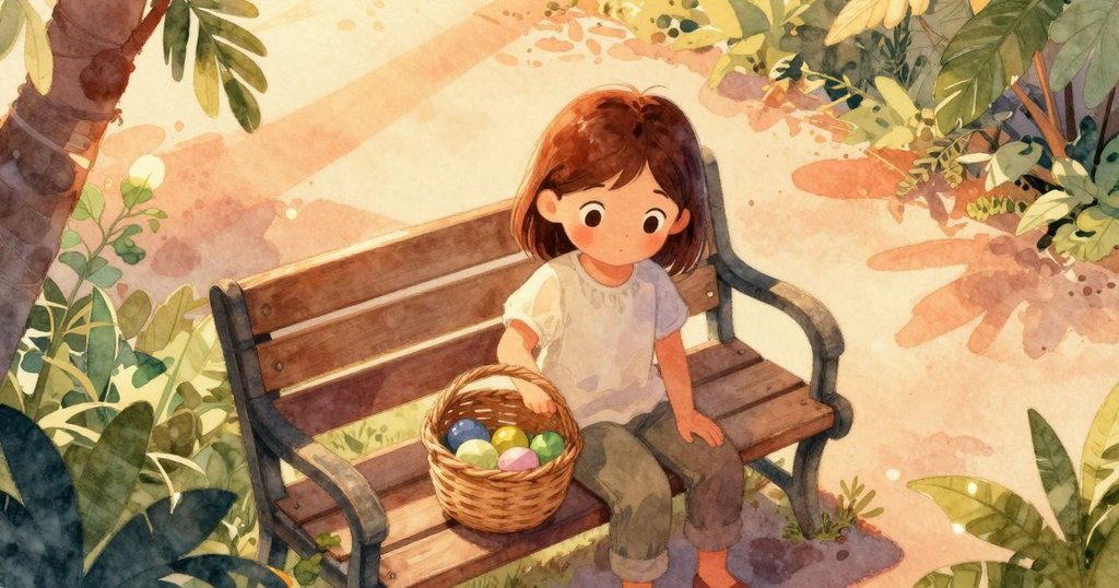 伊芙在熱帶庭院中拿著籃子，從高空俯視呈現蘊含溫暖光線與豐富細節的場景，流露出堅定與輕柔之情