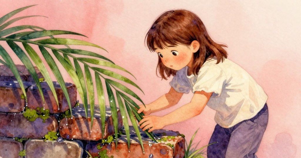 伊芙用靴子輕推被水浸濕的棕櫚葉，濕潤磚面和青苔細節顯示出歷史痕跡及自然律動