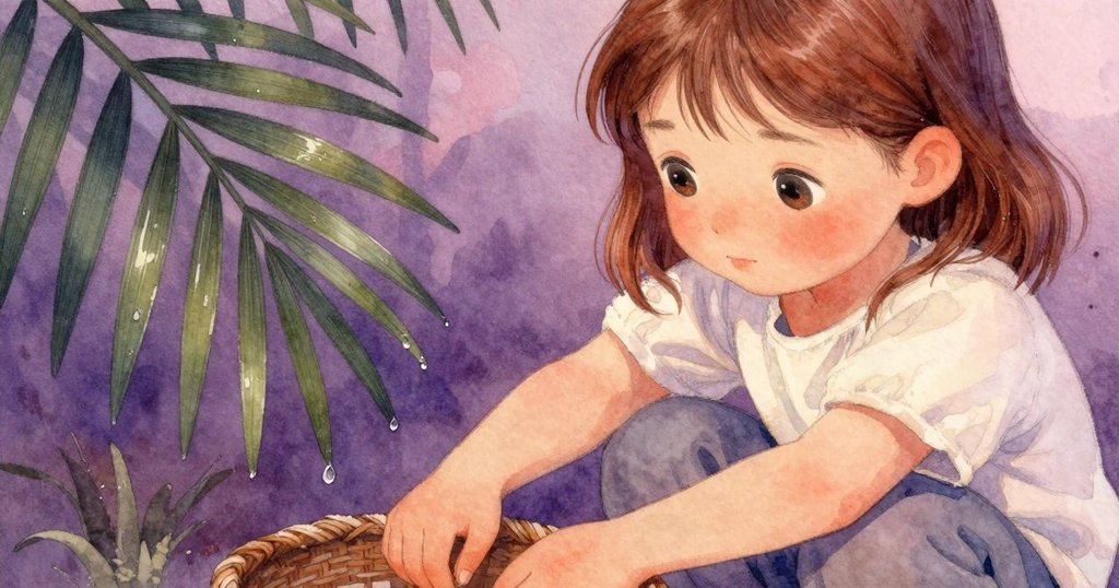 伊芙專注地調整籃子與濕潤的椰子葉，透過近距離細節呈現水滴與青苔的質感，充滿深思熟慮的情緒