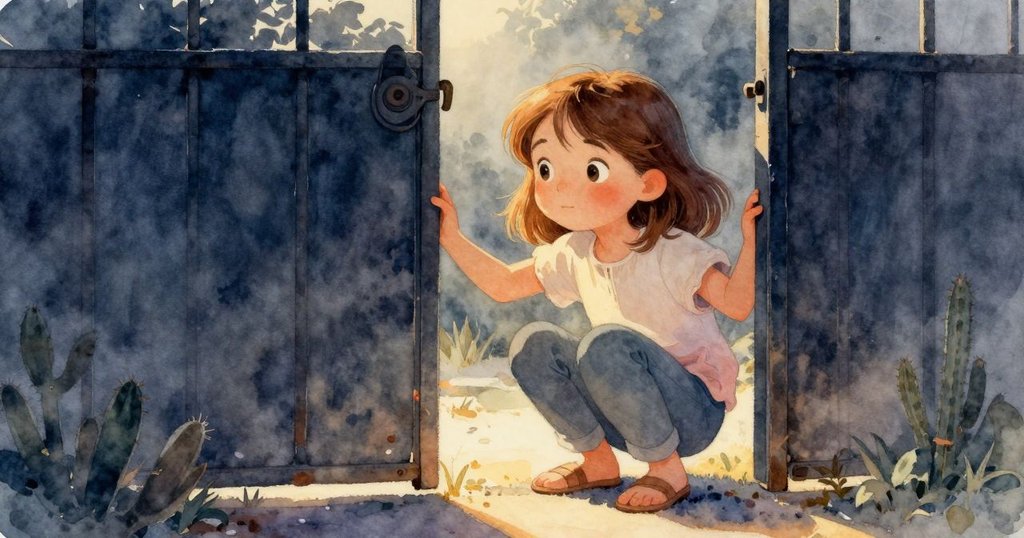 伊芙蹲在打開的鐵門前，凝視門後透出濕潤霧氣與斑駁仙人掌，呈現出過渡空間中隱約的解決方案