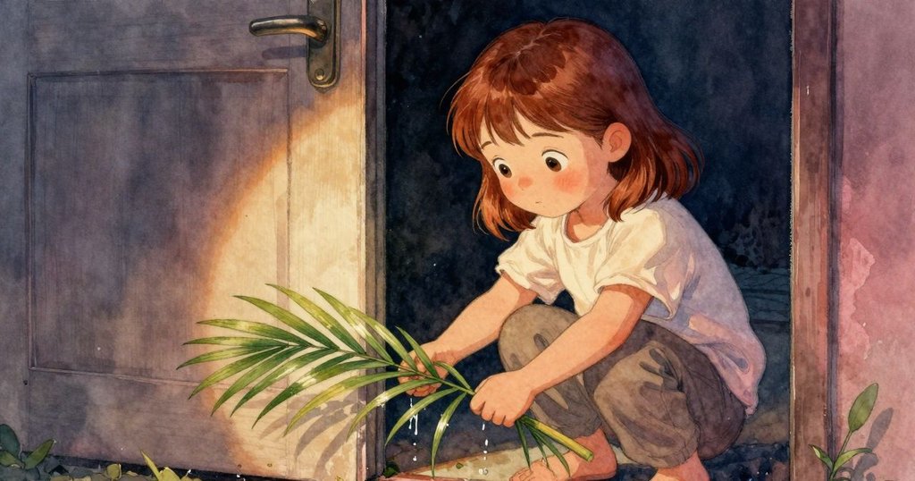 伊芙專注地將濕透的棕櫚葉捲起藏進門縫，近距離展現面部表情與手部動作，甲蟲輕點增添緊張氛圍