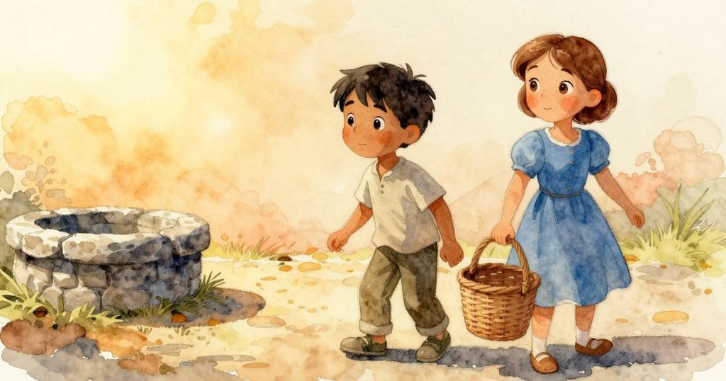 阿莫斯與佩特拉在戶外石盆旁,籃子動作中輪廓清晰,陽光明媚,充滿期待與交流