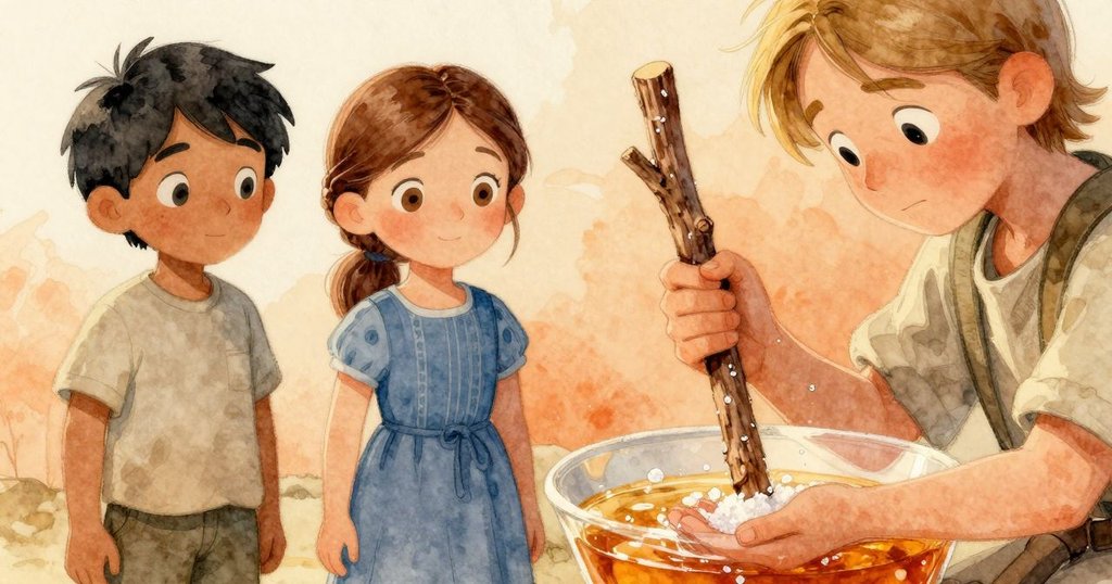 阿莫斯手輕輕觸碰籃中鹽晶,琥珀水面反射光芒,細緻質感在溫暖光線中展現