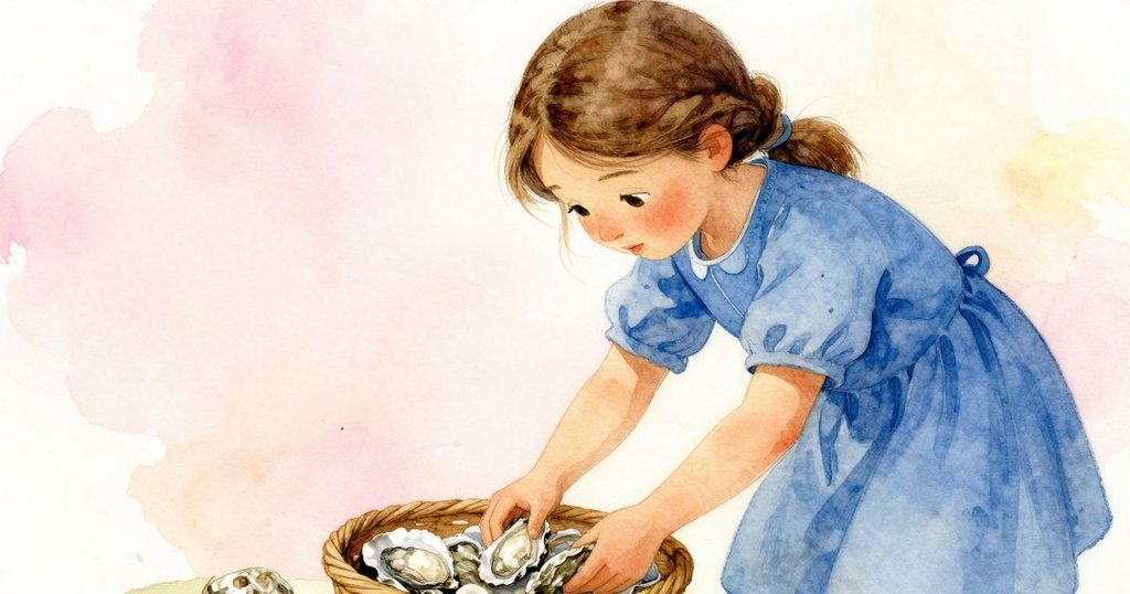 佩特拉彎身從籃內取出彎曲牡蠣殼,畫面傾斜增動感,柔光下展示細膩質感與動作瞬間