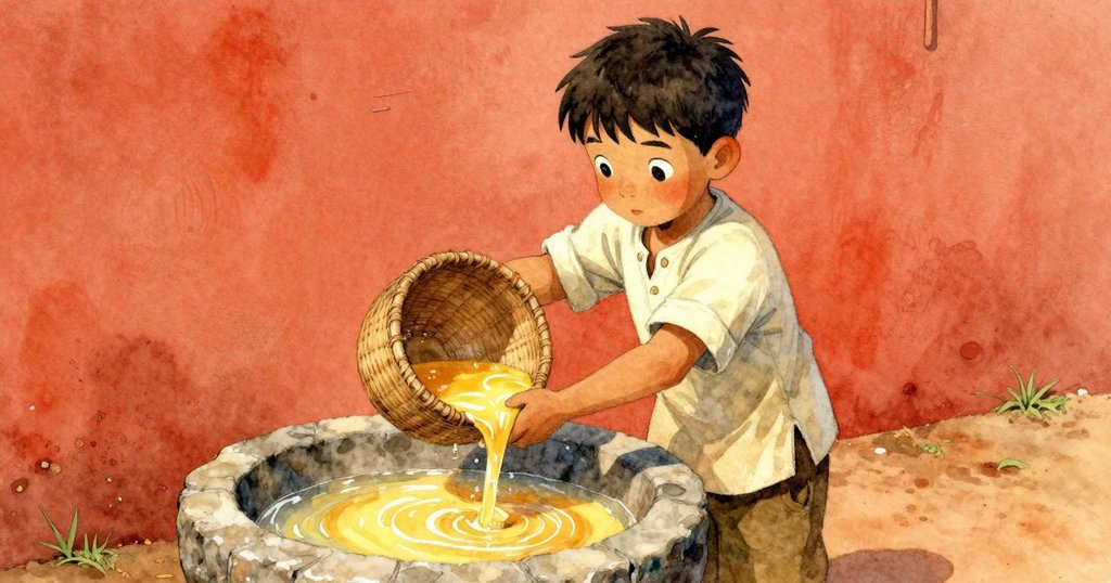 阿莫斯抬起籃子於石盆上,水面由清轉乳白似蜂蜜漸變過程中,夕陽斜射彰顯時光流逝變化