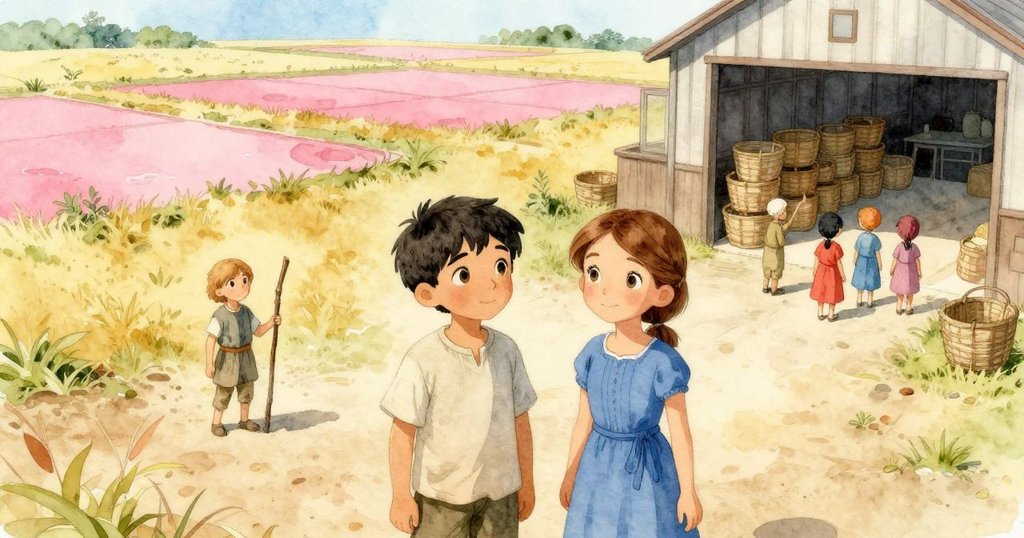 遠景展示旅遊團身著淡色帽子行走於開放倉庫旁,籃子整齊堆疊,大田野及粉色蒸發池呈現浩大背景