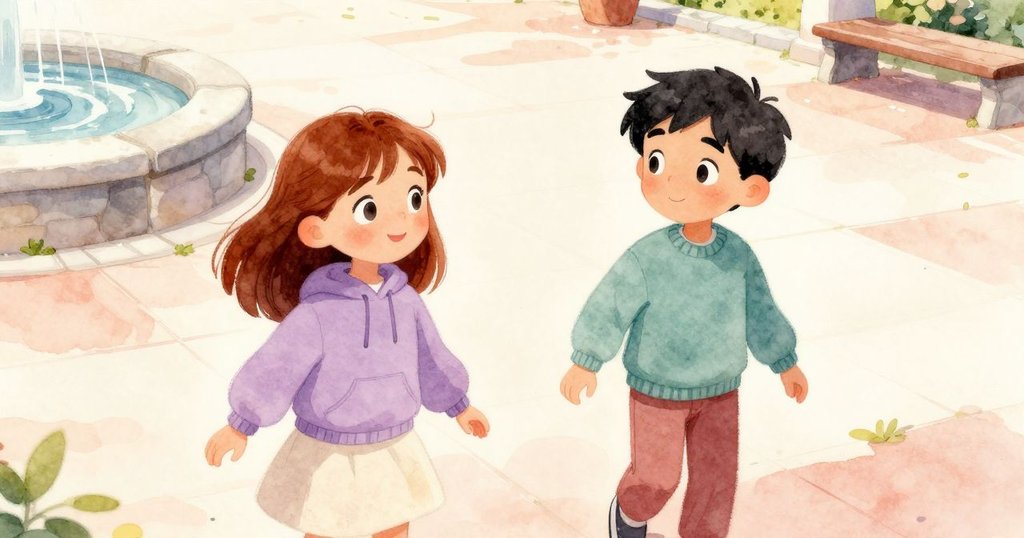 布里亞坐在長椅上繪畫,萊爾站在入口揮動硬幣,陽光普照的廣場充滿生機與期待