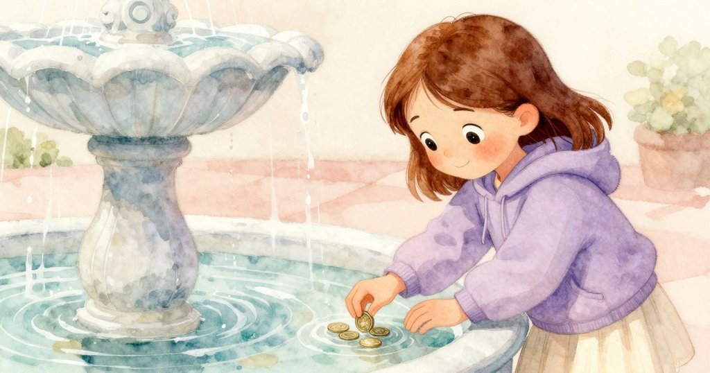 鏡頭聚焦池中閃光的硬幣,布里亞正專注檢查星形圖案,水面柔波映出神秘光芒