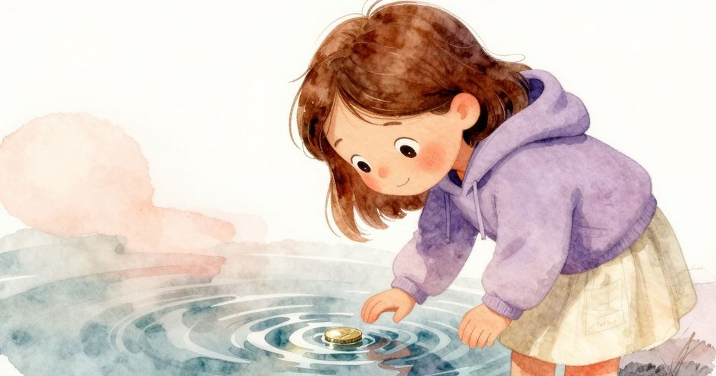 布里亞低頭觀察水中倒影,她的草圖與硬幣在波光中交織,充滿專注與神秘氛圍