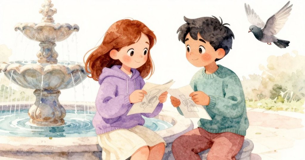 布里亞用濕透的帽衫袖修補草圖,萊爾走近觀看,驚嚇鴿子在背景飛起,場面溫馨互動