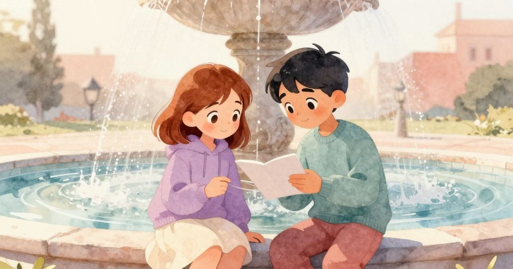 布里亞與萊爾並肩檢視修正完成的畫作,背景中噴泉散發柔和水霧,兩人表情平靜滿足,結局溫馨圓滿