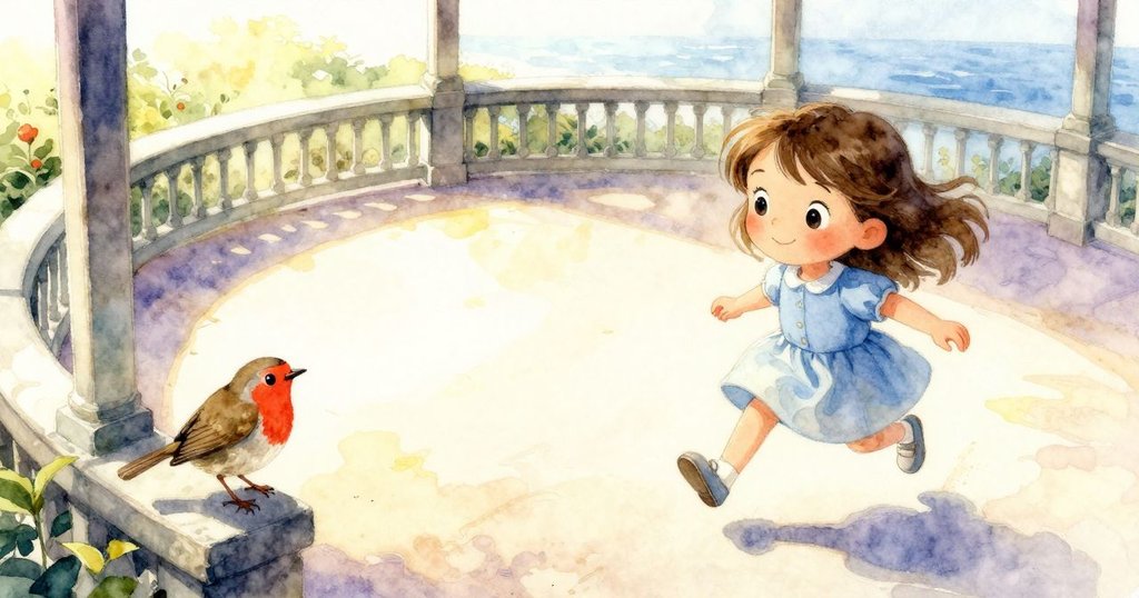 布萊斯輕聲低語，抓著餅屑，站在涼亭邊，紅色知更鳥翩躚落下，背景是噴水池與明亮光線