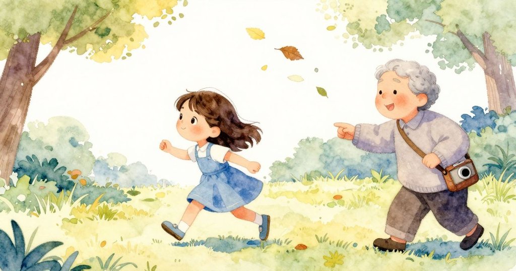 布萊斯與祖父輕快追逐從相機包飛出的傳單，充滿歡笑與活力，背景為生動公園與自然光線