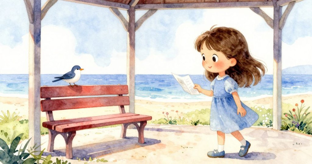 布萊斯回到涼亭，手中撐著素描本，紅色知更鳥靜靜棲息在旁，背景帶有噴泉與餵鴨欄杆