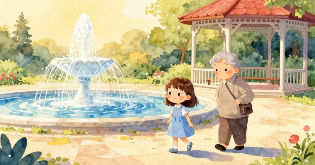 布萊斯與祖父告別涼亭，共同行走於公園，背景有噴水池與柔和黃光，臉上洋溢著感激與溫馨