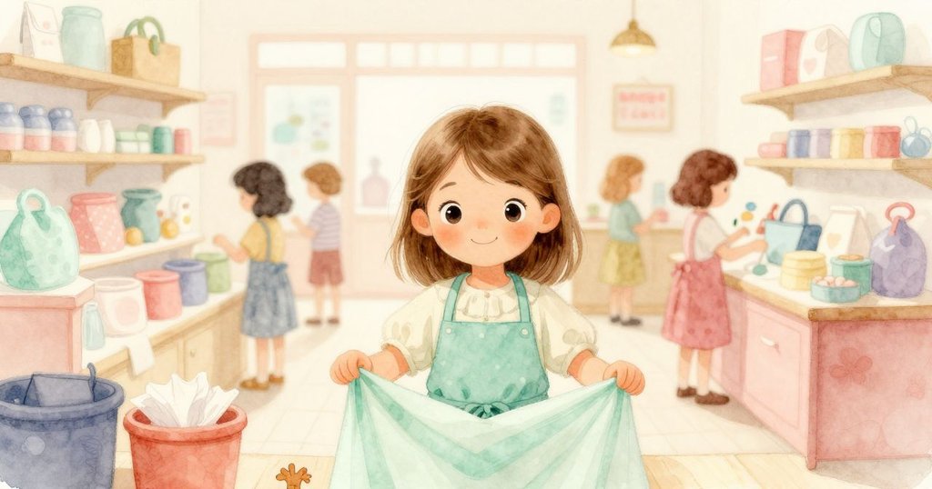 溫柔的Wren在繁忙的商店中拉出薄荷綠紙巾，她神情專注，背景中有其他顧客與溫暖的貨架，營造出溫馨氣氛。