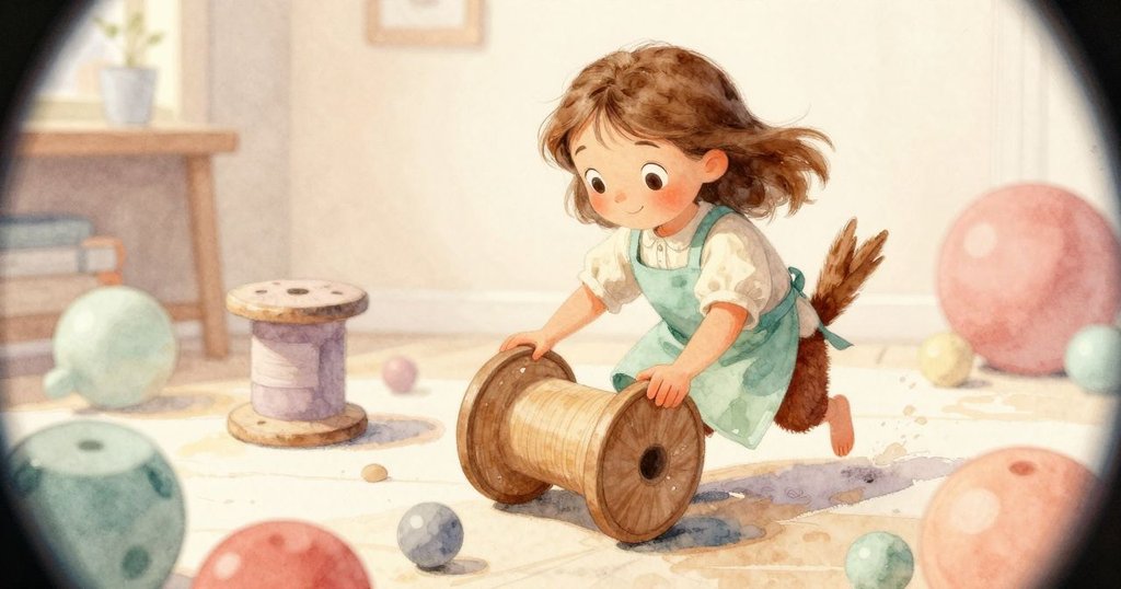 在室內暖光中，一個木製卷軸失控滾動，撞擊物品引發連鎖反應，周圍擺放著色調柔和的花瓶和板塊。