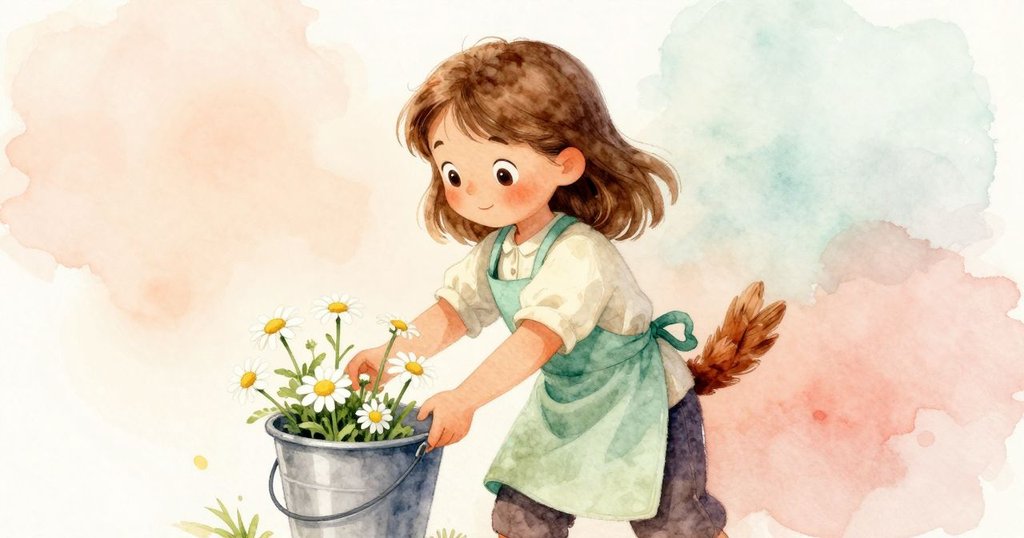 Wren迅速伸手穩住搖晃中裝滿雛菊的塑膠桶，她表情專注，動作靈巧，在溫暖室內場景中化解意外。