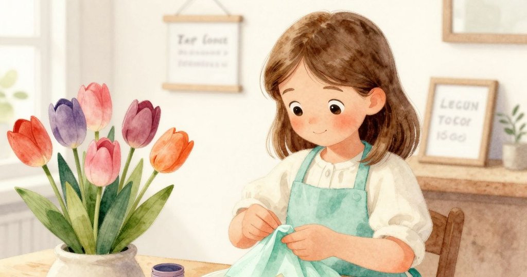 Wren在溫暖室內專注地完成包裝鬱金香，清晰的價格牌閃現成功訊息，她神情放鬆充滿成就感。